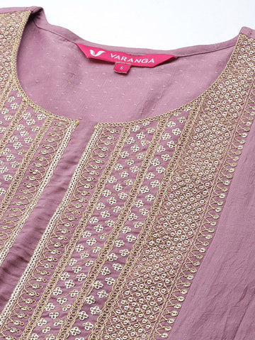 Varanga Women Mauve Ethnic Motifs Embroidered Kurta with Trousers & Dupatta